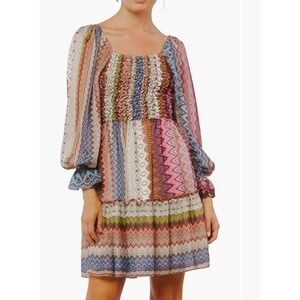 Ciebon Muna Chevron Zigzag Multicolor Stripe Long Sleeve Mini Dress Small